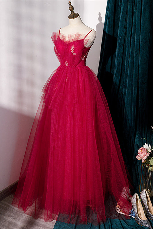 Spaghetti Straps Red Tulle A-line Long Formal Dress
