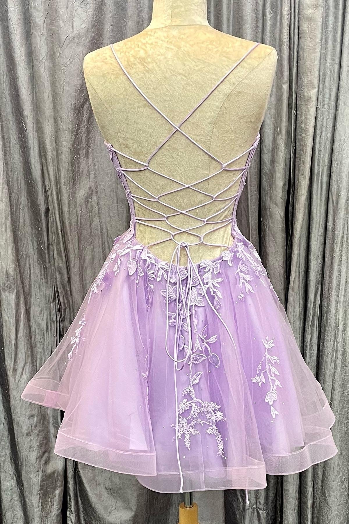 Lavender Lace Appliques A-line Short Homecoming Dress