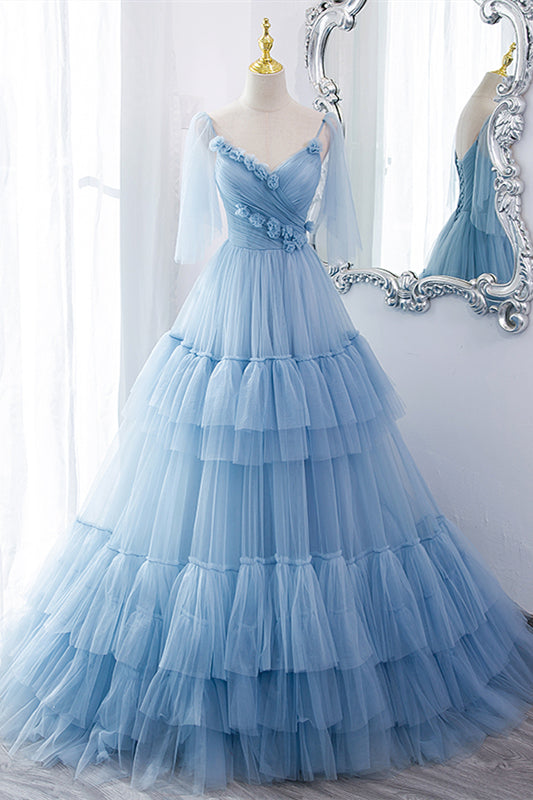 Blue A-line Tiered Layers Long Formal Gown