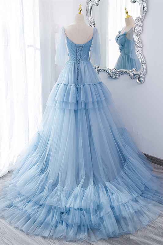 Blue A-line Tiered Layers Long Formal Gown