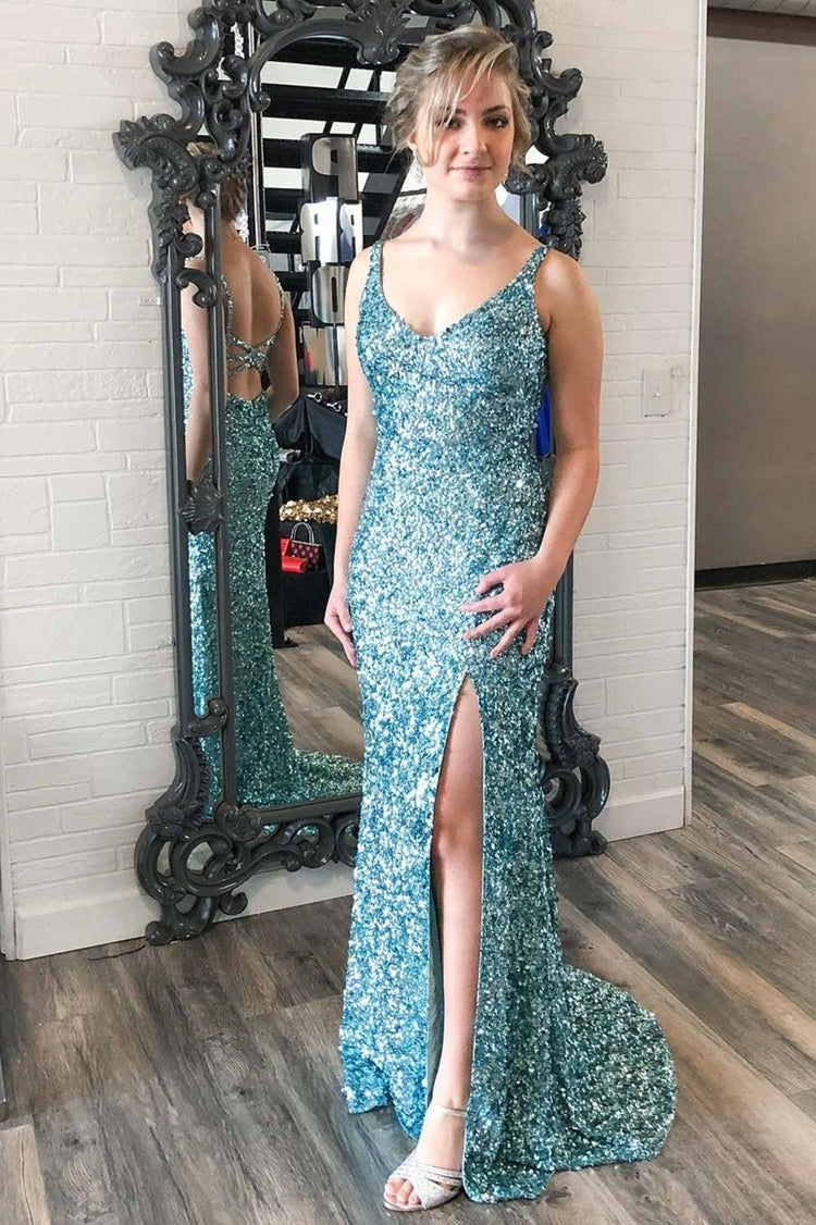 Light Blue Sequin Mermaid Long Prom Dress with Slit