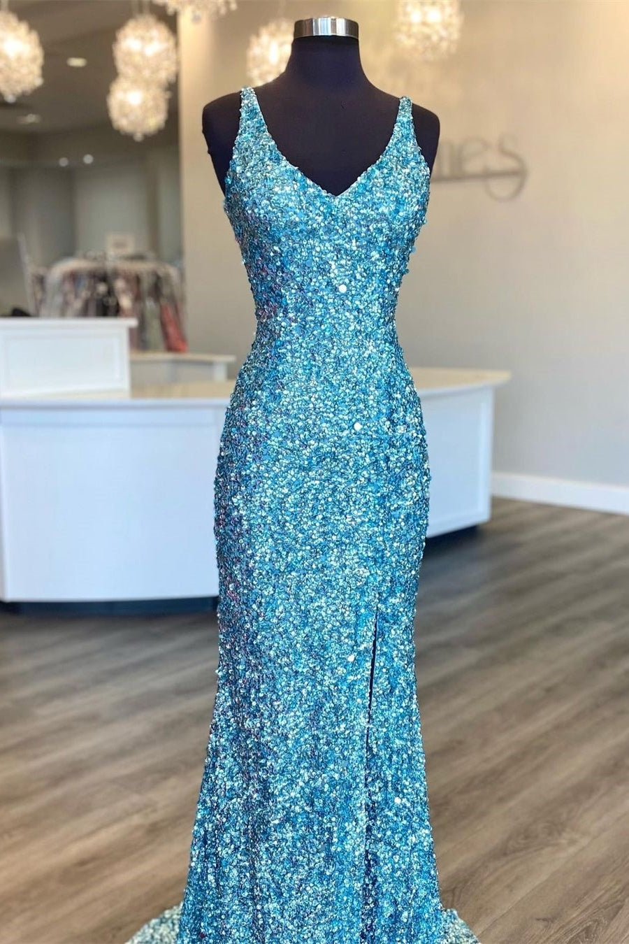 Light Blue Sequin Mermaid Long Prom Dress with Slit Dressesforparty Light Blue Sequin Mermaid Long Prom Dress with Slit Dressesforparty