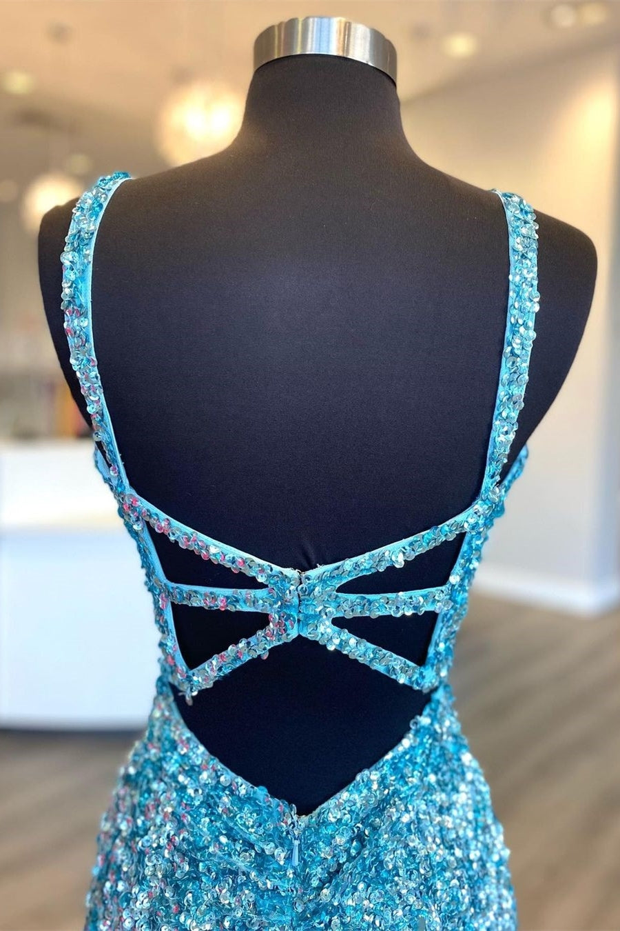 Light Blue Sequin Mermaid Long Prom Dress with Slit