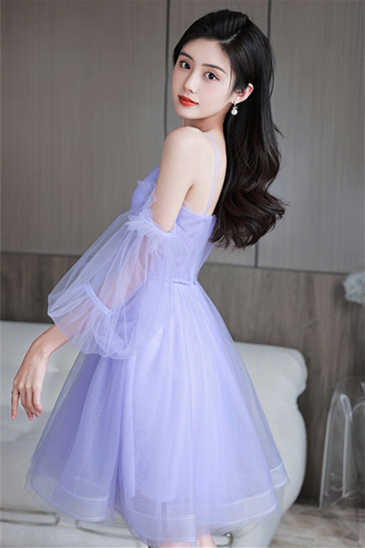 Princess Lavender Short A-line Tulle Party Dress with Puffy Sleeves