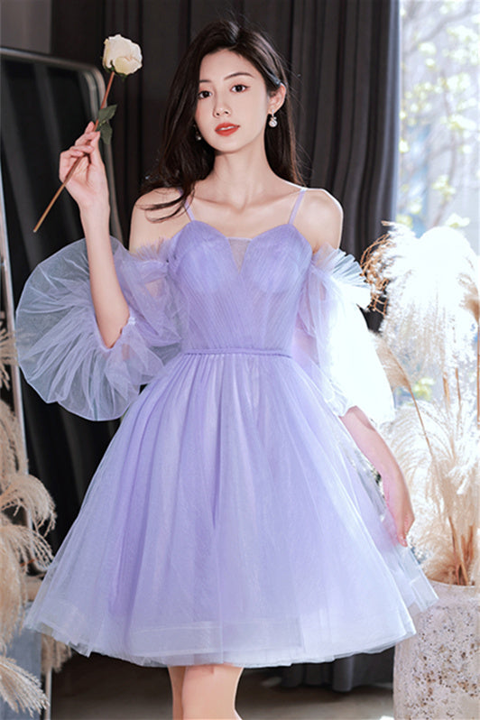 Princess Lavender Short A-line Tulle Party Dress with Puffy Sleeves