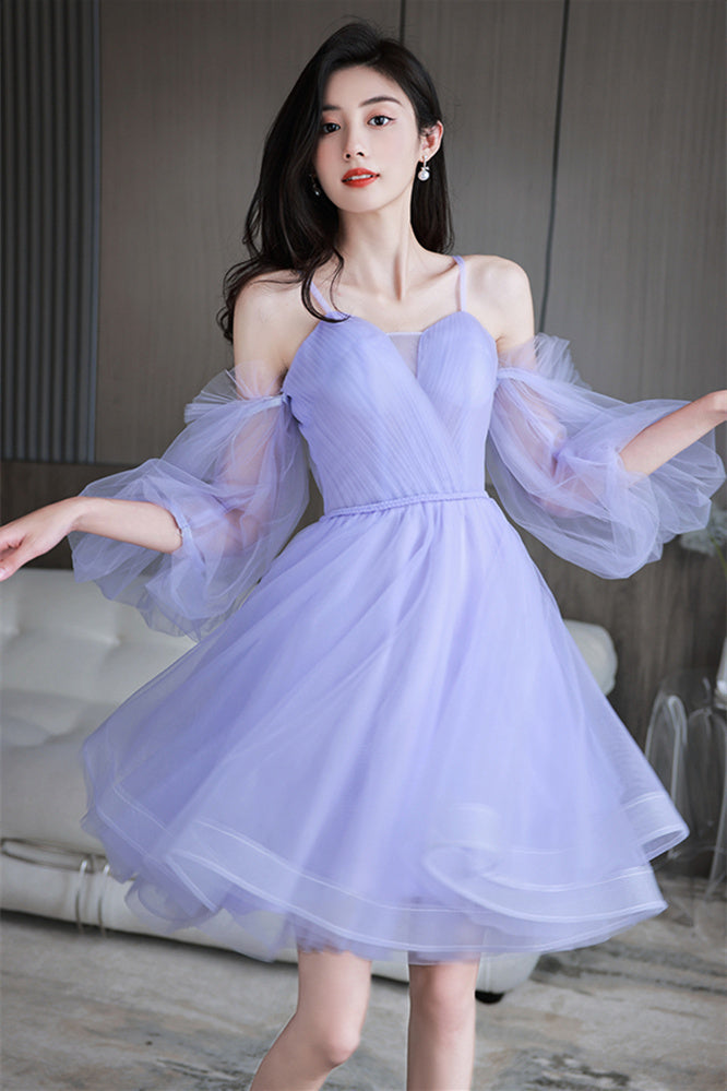 Princess Lavender Short A-line Tulle Party Dress with Puffy Sleeves