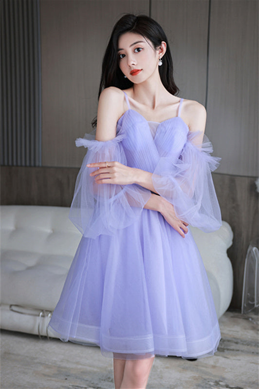 Princess Lavender Short A-line Tulle Party Dress with Puffy Sleeves