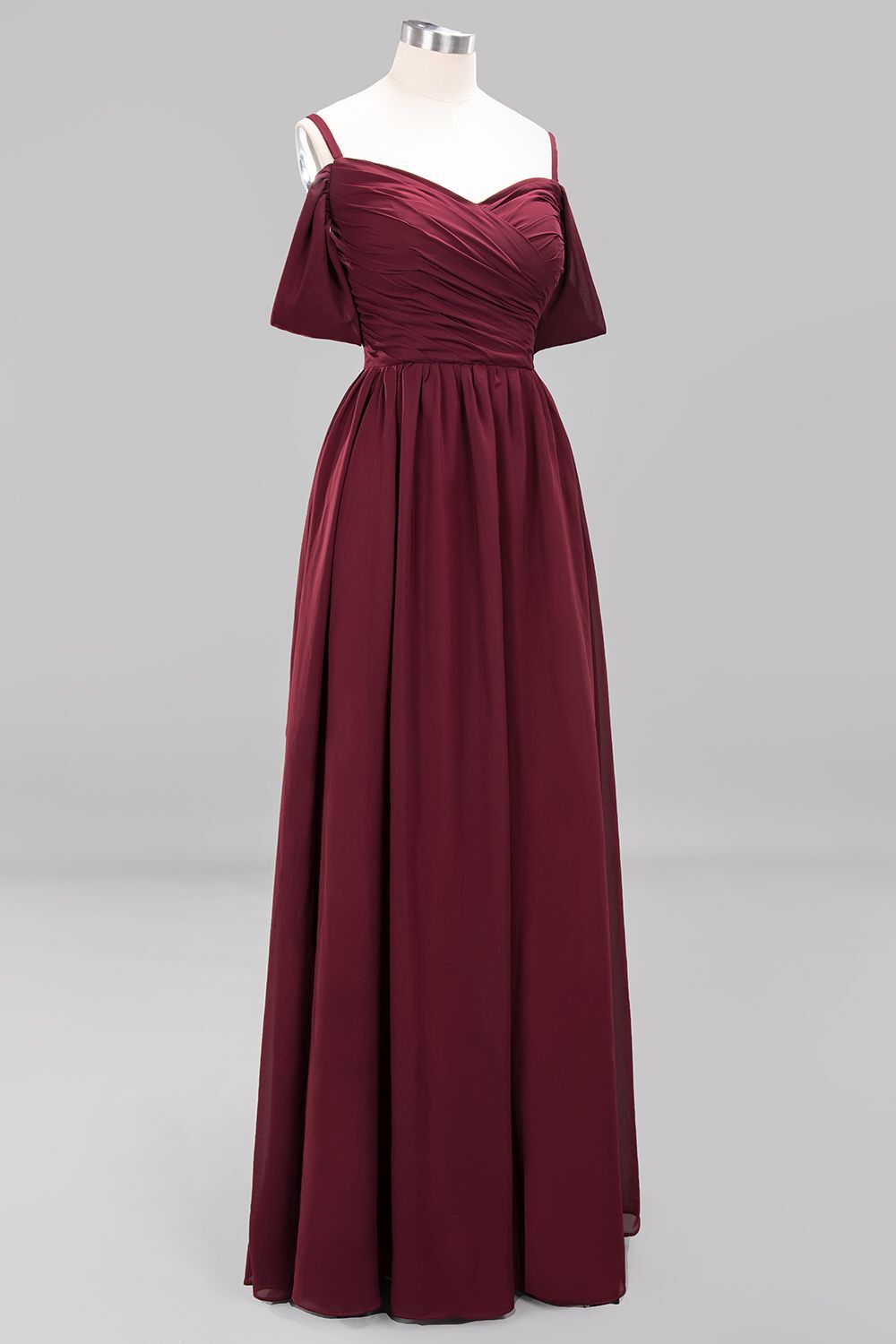 Off the Shoulder Wine Red Chiffon A-line Long Bridesmaid Dress