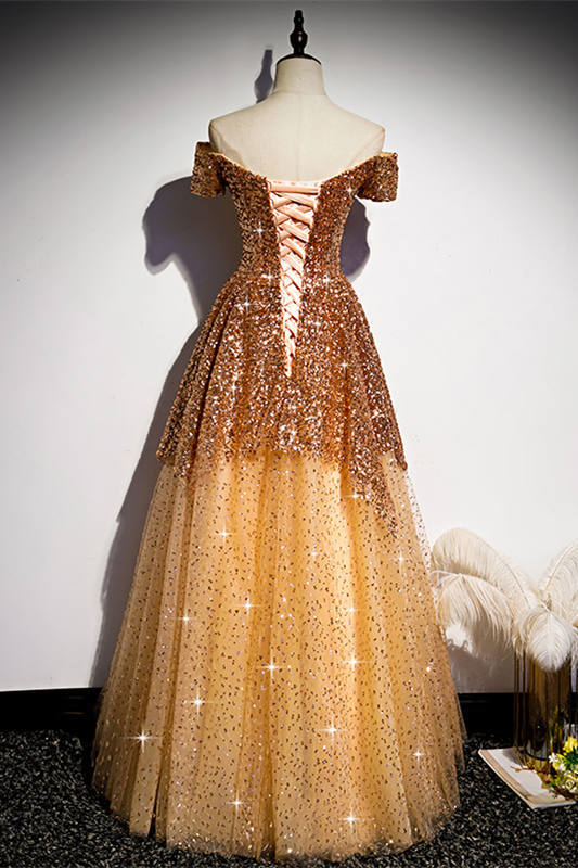 Off the Shoulder Gold Long Prom Dress