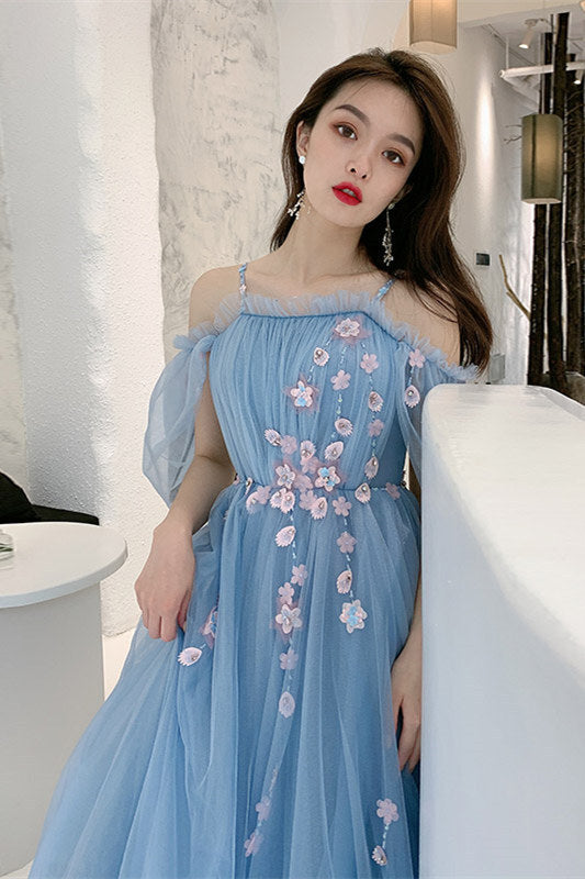 Straps Blue and Floral Embroidered Long Formal Gown