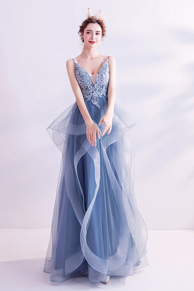 Blue A-line Layered Long Formal Dress 