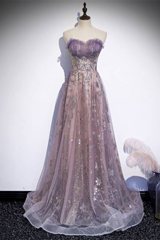 Strapless Purple A-line Long Prom Dress