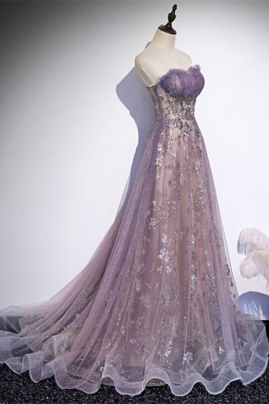 Strapless Purple A-line Long Prom Dress