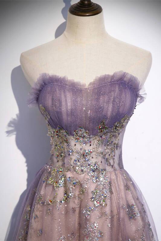 Strapless Purple A-line Long Prom Dress