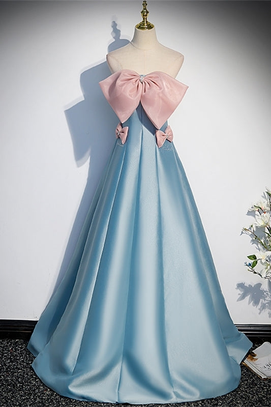 Princess Blue Satin and Pink Bow Long Dress