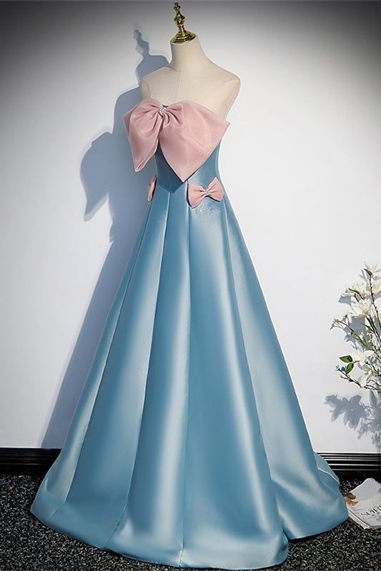 Princess Blue Satin and Pink Bow Long Dress