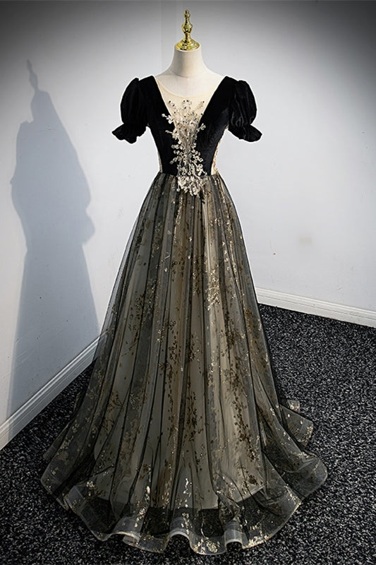Short Sleeves Black Velvet and Tulle Long Formal Dress