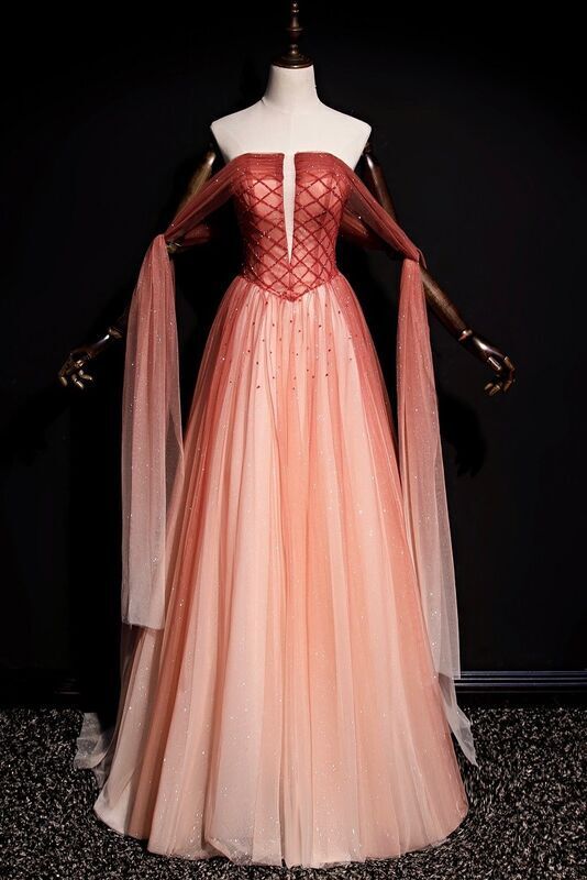 Strapless Beaded Red Long Evening Gown