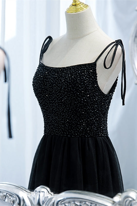 Black A-line Beaded Tulle Long Formal Dress