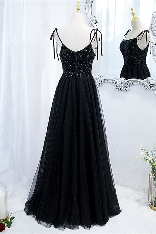 Black A-line Beaded Tulle Long Formal Dress