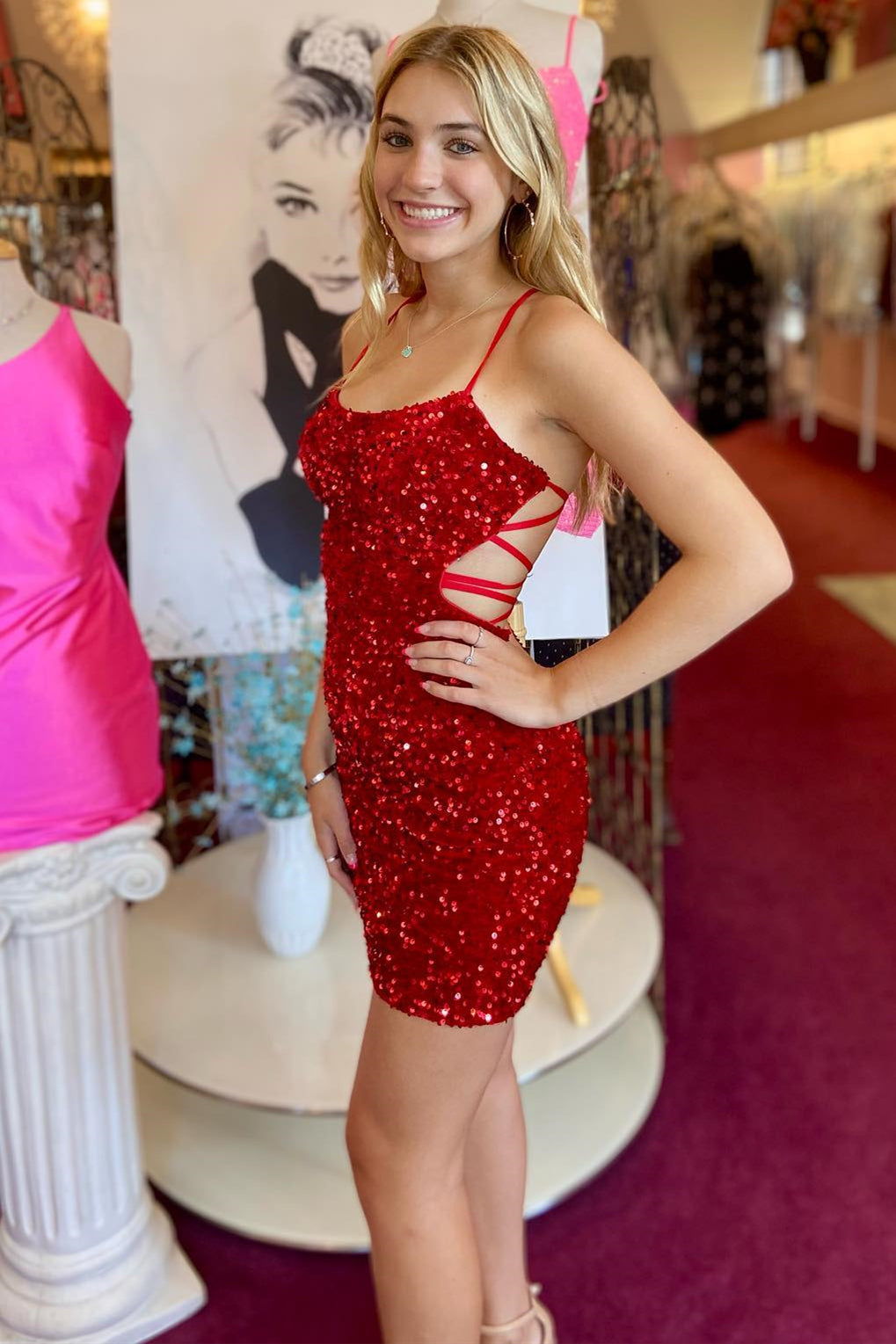 Strappy Red Sequin Tight Short Homecoming Dress