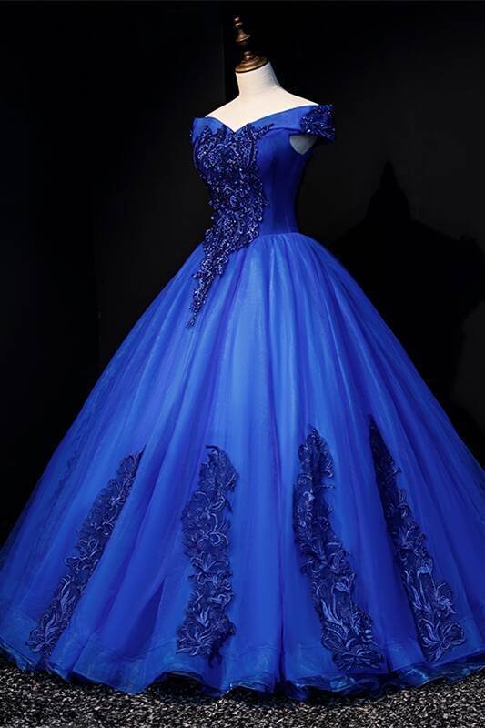 Off the Shoulder Royal Blue Long Ball Gown 