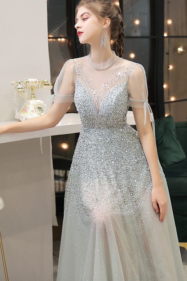 High Neck Silver Sequins Long Party Dress