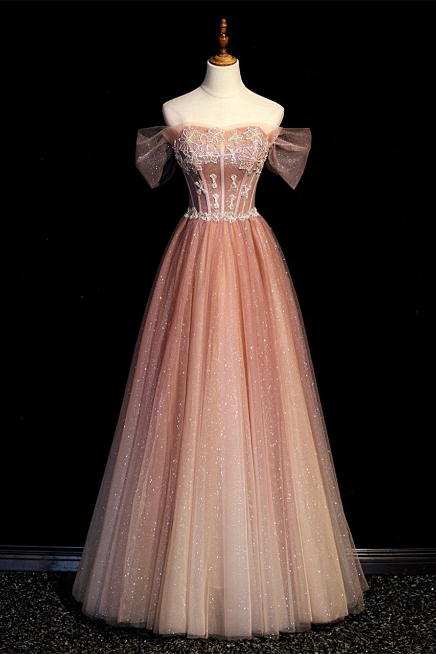 Shiny Peach Off the Shoulder Beaded Long Formal Dress