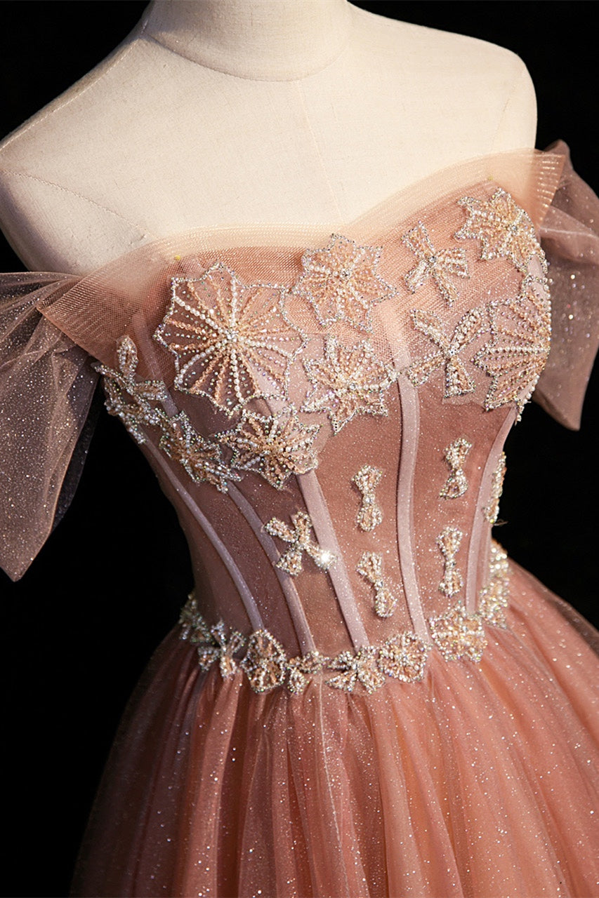 Shiny Peach Off the Shoulder Beaded Long Formal Dress