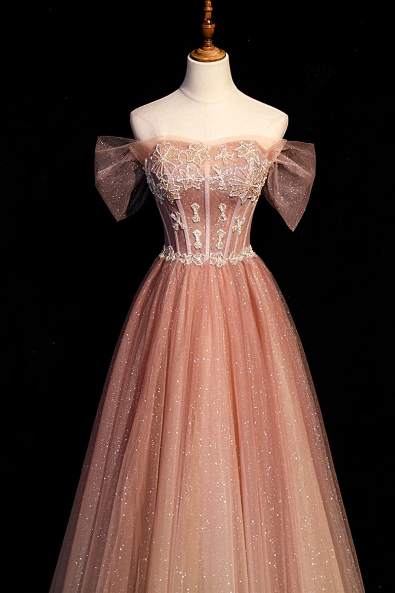 Shiny Peach Off the Shoulder Beaded Long Formal Dress