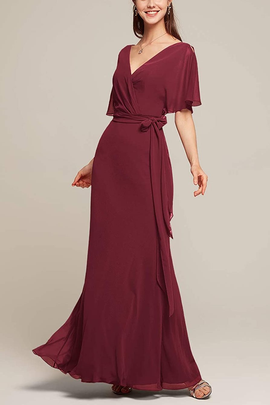 Faux Wrap V-Neck Burgundy Bridesmaid Dresses