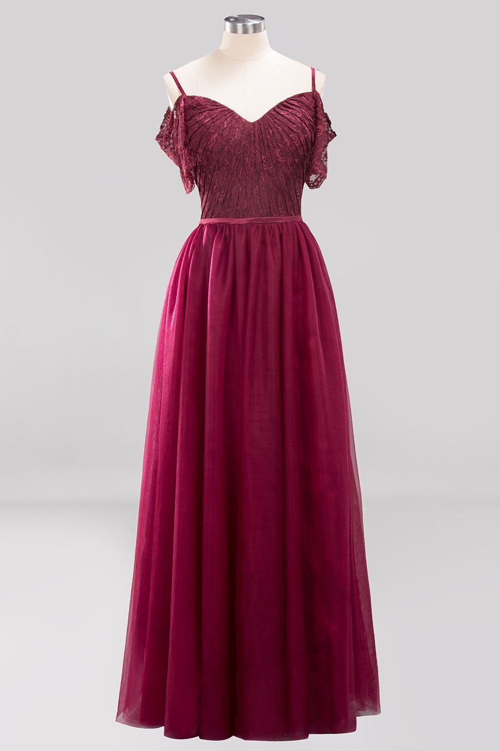 Straps Burgundy A-line Lace and Chiffon Long Bridesmaid Dress