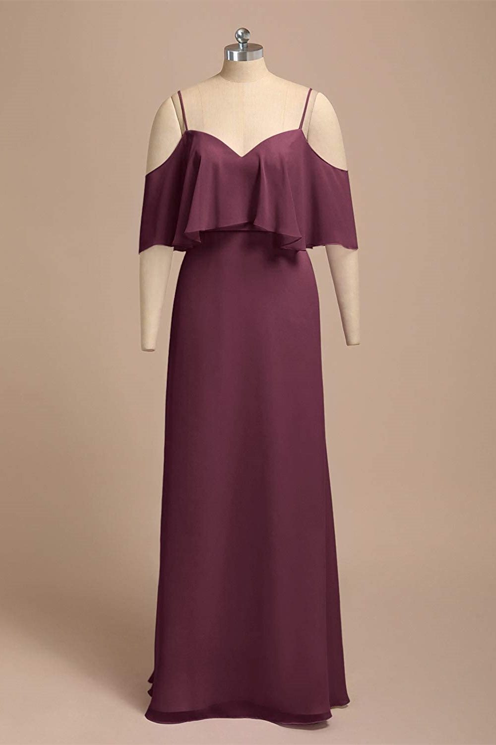 Flounced Burgundy Chiffon Long Bridesmaid Dress