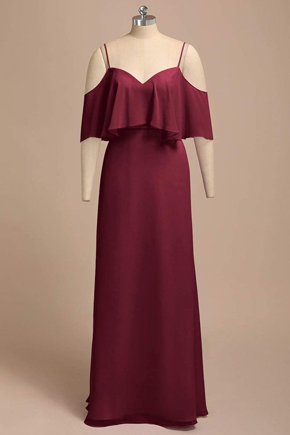 Flounced Burgundy Chiffon Long Bridesmaid Dress