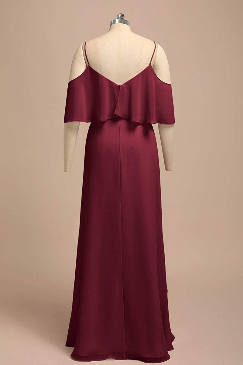 Flounced Burgundy Chiffon Long Bridesmaid Dress