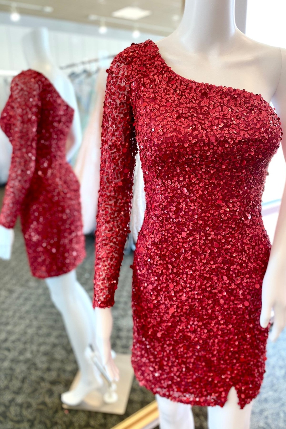 Red Sequin One Shoulder Long Sleeves Tight Mini Dress