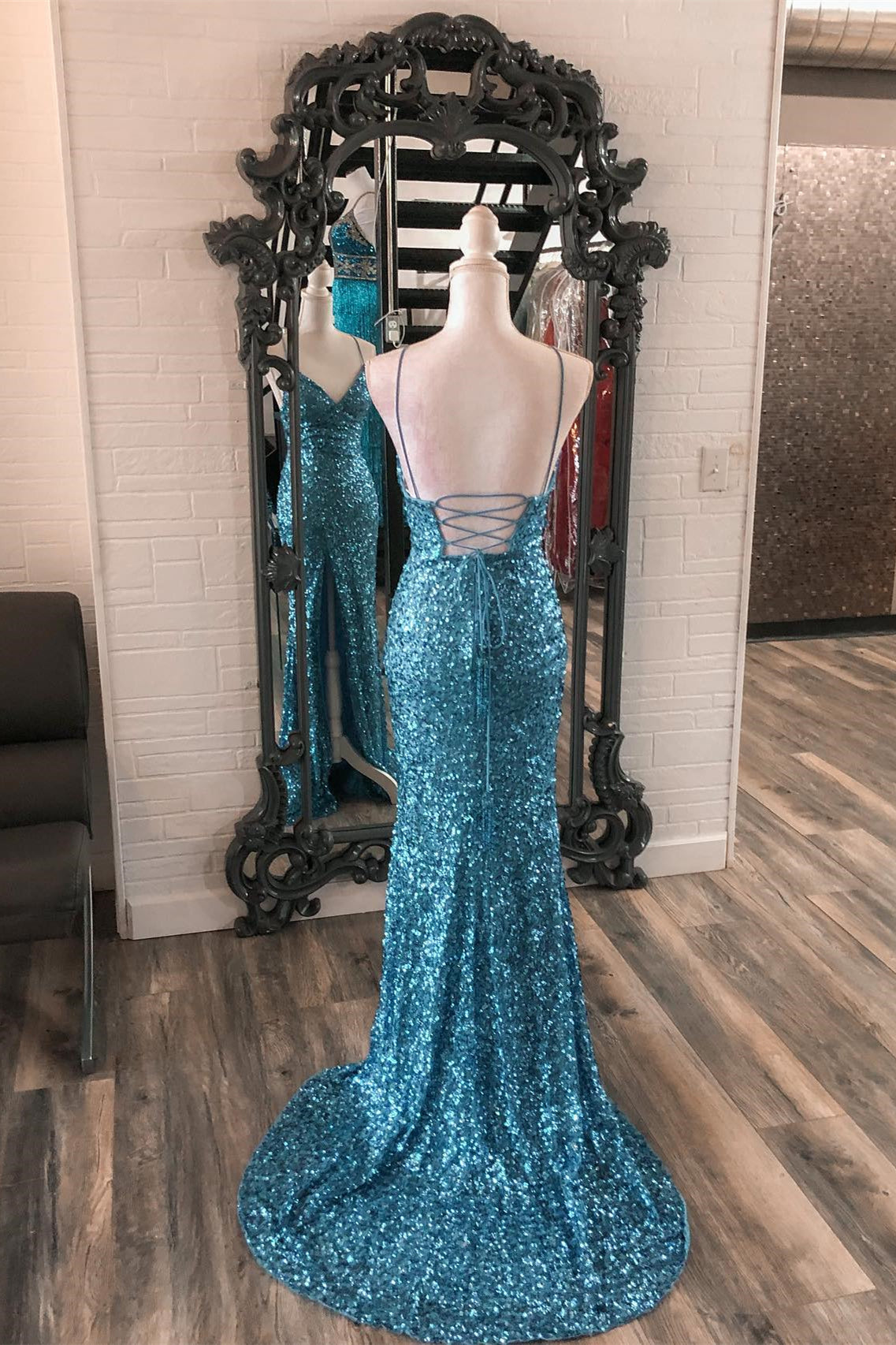 Straps Blue Sequin Mermaid Long Formal Dress