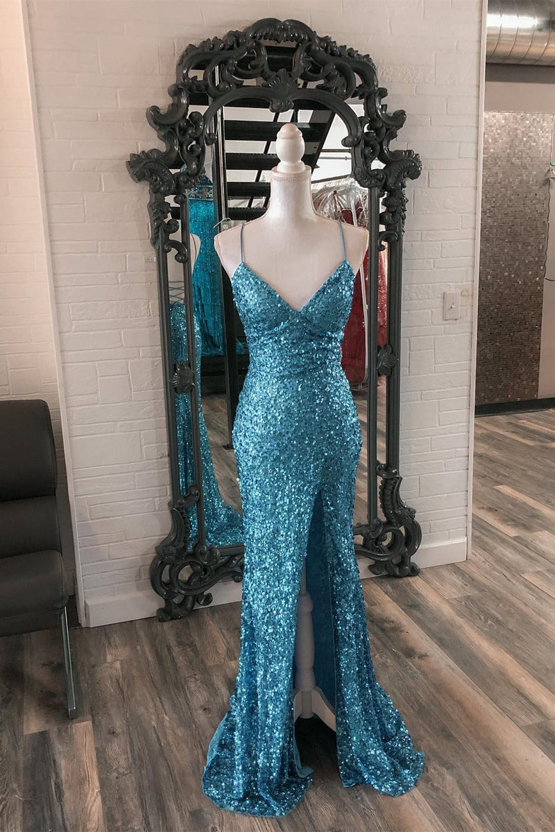 Straps Blue Sequin Mermaid Long Formal Dress