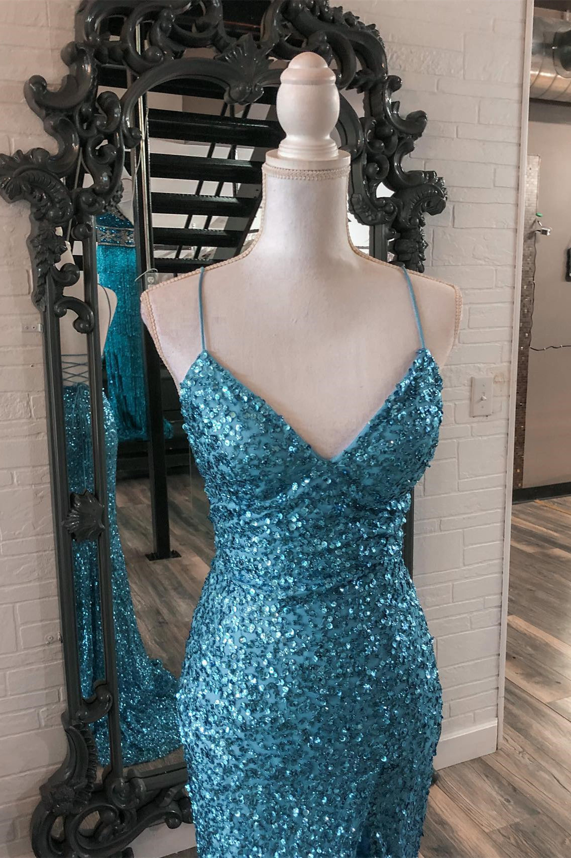 Straps Blue Sequin Mermaid Long Formal Dress