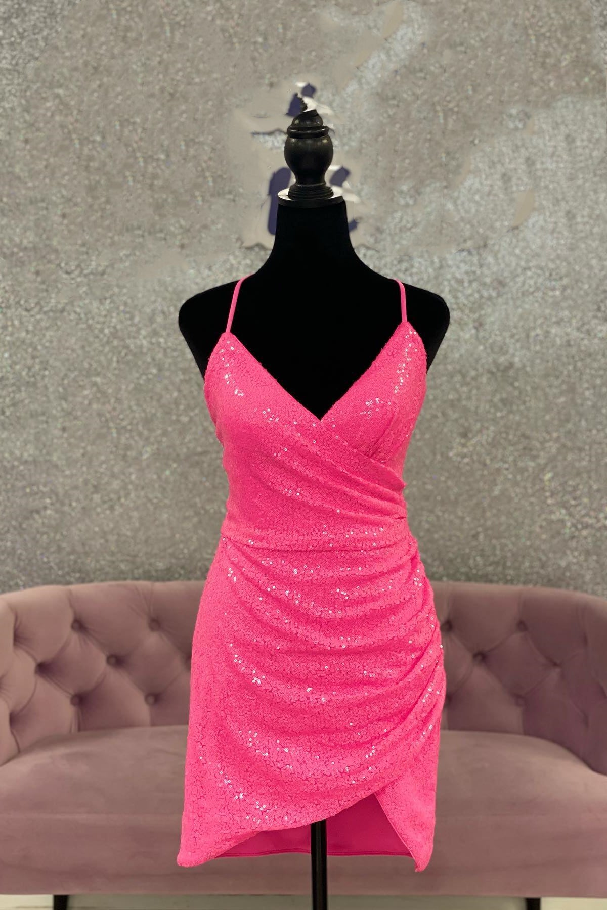 Straps Pink Sequin Ruched Tulip Dress