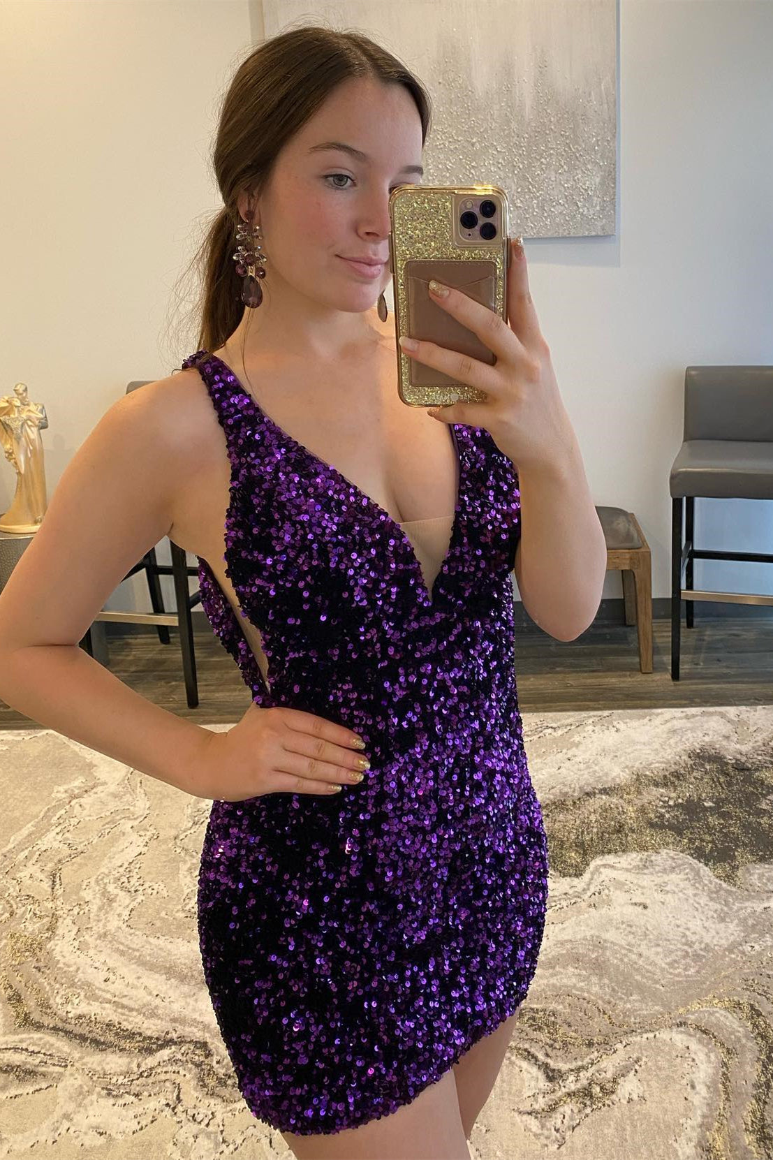 Purple Sequin V Neck Bodycon Homecoming Dress