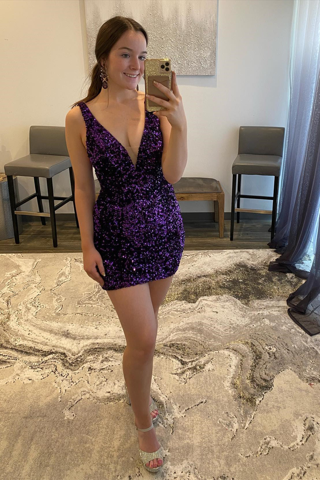 Purple Sequin V Neck Bodycon Homecoming Dress