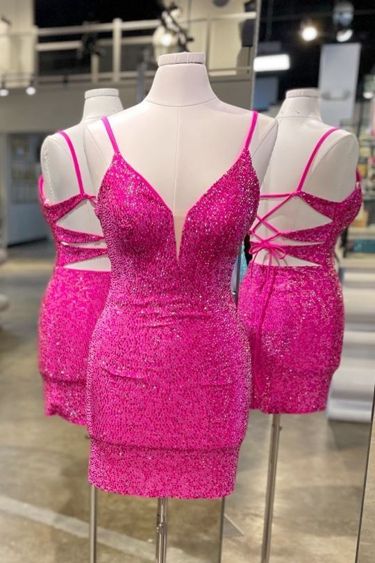 Straps Hot Pink Bodycon Mini Party Dress