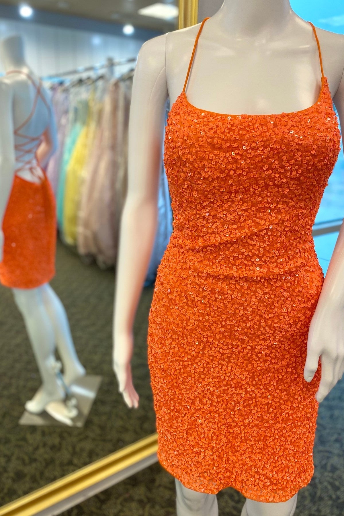 Glitters Orange Sequin Tight Mini Homecoming Dress