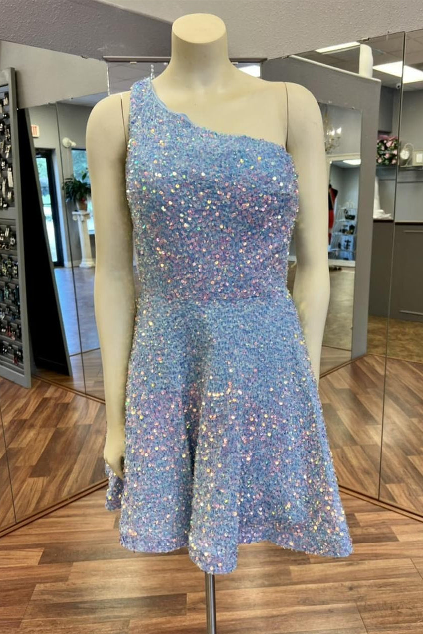 One Shoulder Light Blue Sequin Short A-line Homecoming Dress
