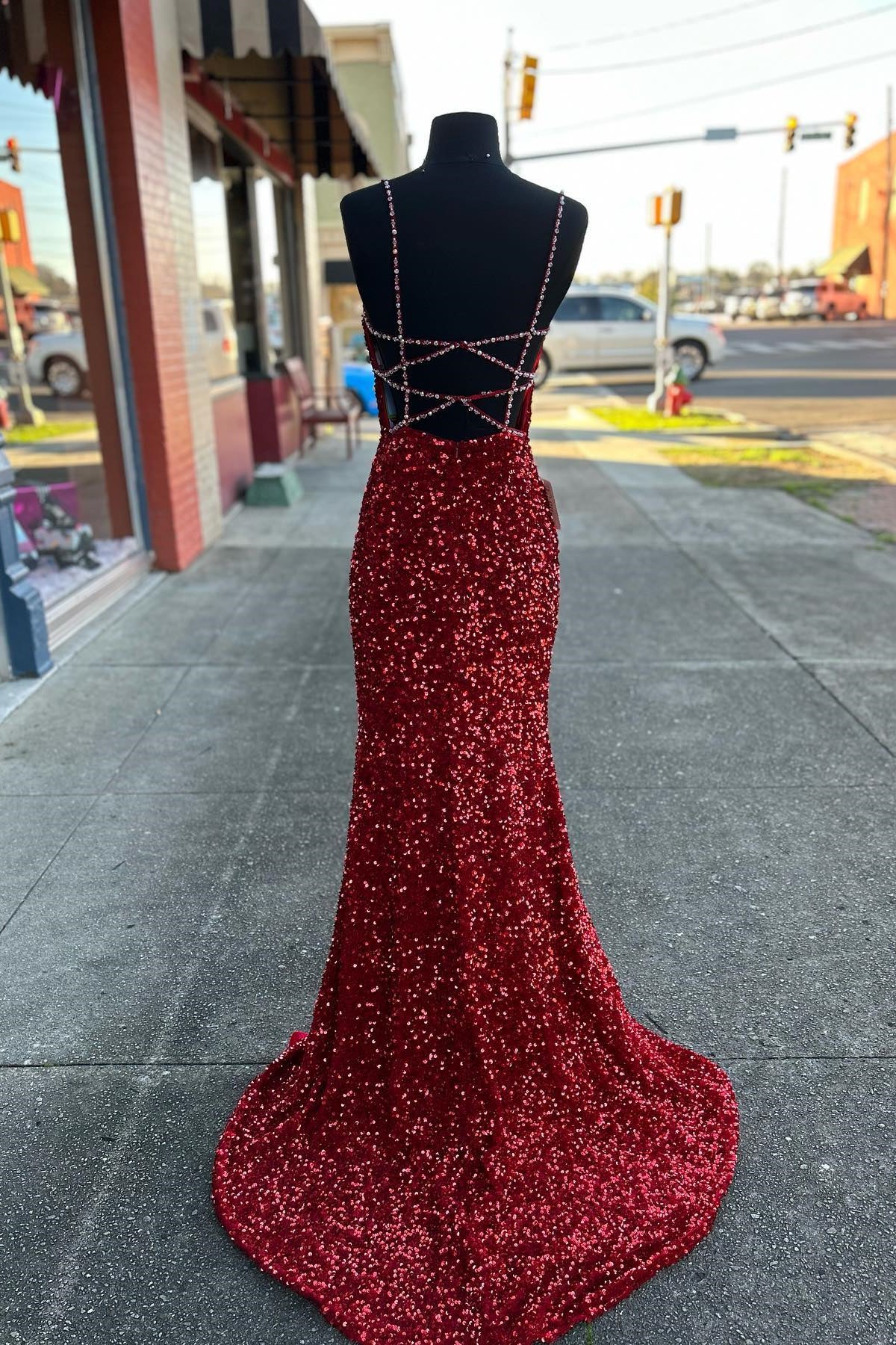Beaded Straps Red Sequin Mermaid Formal Dress