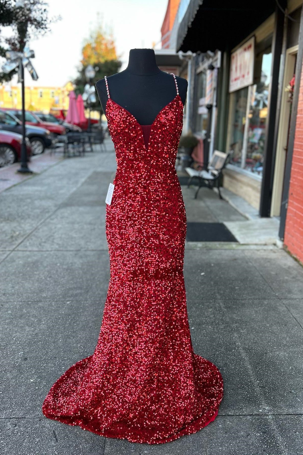 Beaded Straps Red Sequin Mermaid Formal Dress