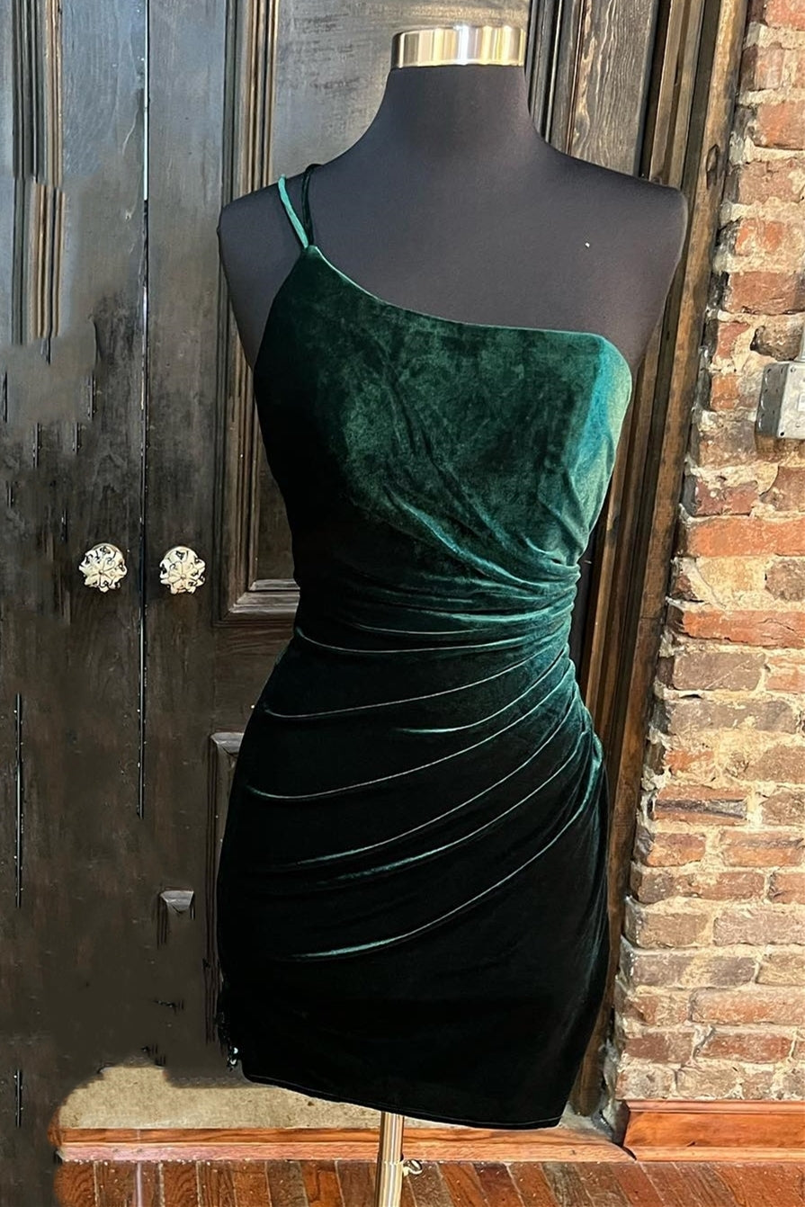 One Shoulder Dark Green Velvet Bodycon Mini Dress