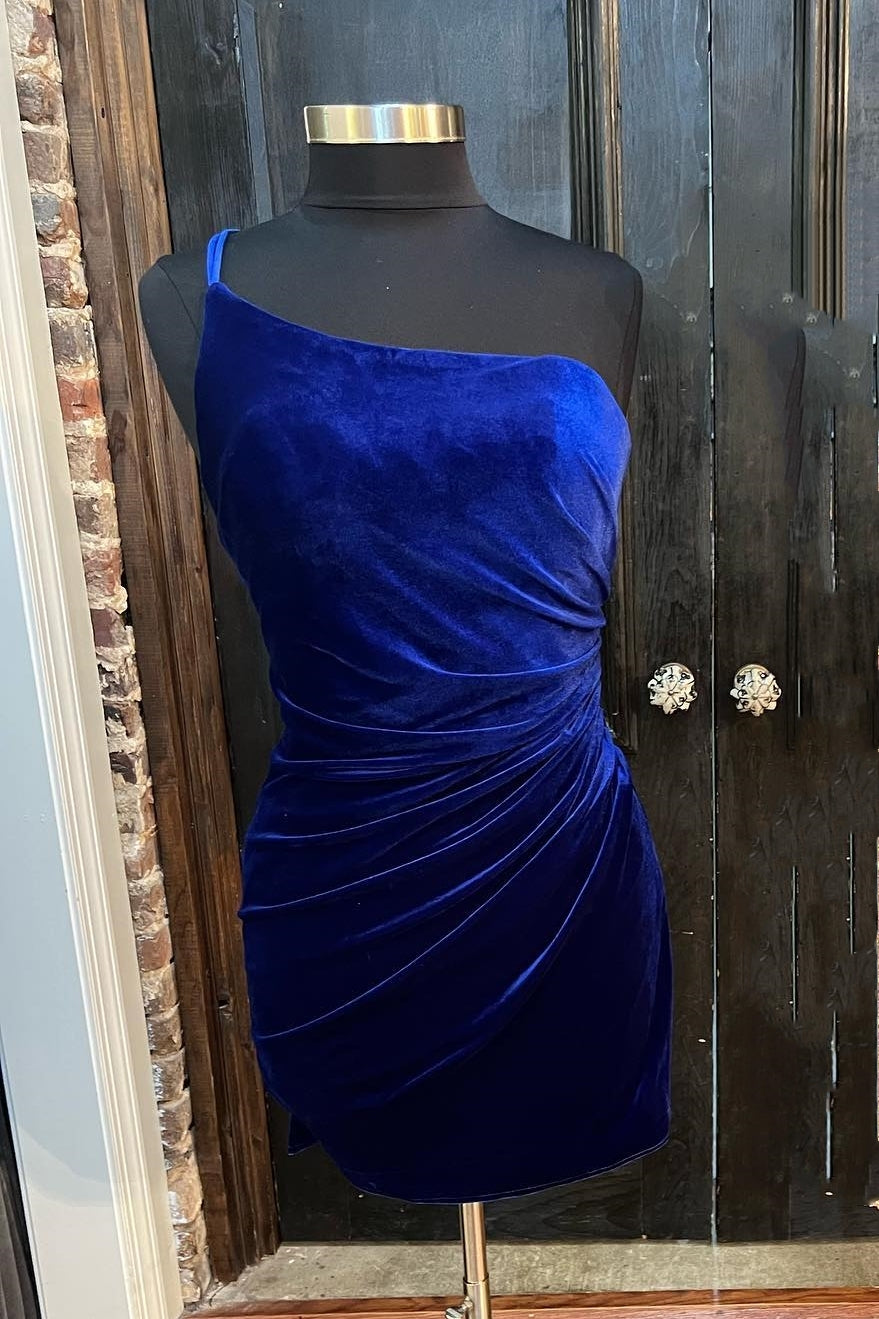 One Shoulder Royal Blue Velvet Bodycon Mini Dress