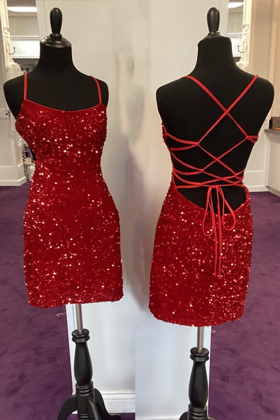 Spaghetti Straps Red Sequin Fitted Homecoming Dress Dressesforparty